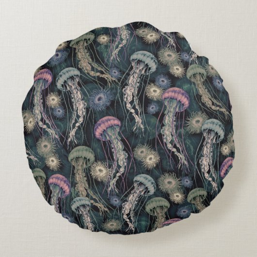 ティール（緑がかった色）とピンクのEtherealクラゲとAnemones ラウンドクッション (裏面)