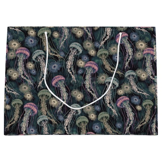 ティール（緑がかった色）とピンクのEtherealクラゲとAnemones ラージペーパーバッグ (正面)