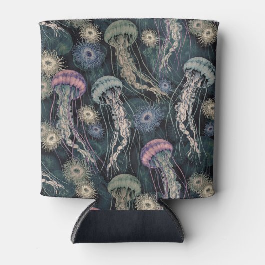 ティール（緑がかった色）とピンクのEtherealクラゲとAnemones 缶クーラー (正面)