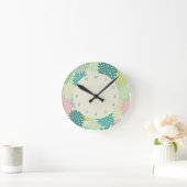 ティール(緑がかった色)とピンクタム ラウンド壁時計 (ホーム)