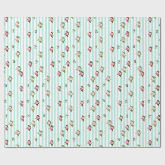 ティール（緑がかった色）とピンクフローラシックバラストライプのギフトラップ ラッピングペーパー (フラット)