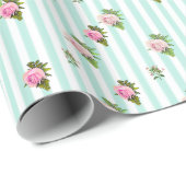 ティール（緑がかった色）とピンクフローラシックバラストライプのギフトラップ ラッピングペーパー (ロールコーナー)