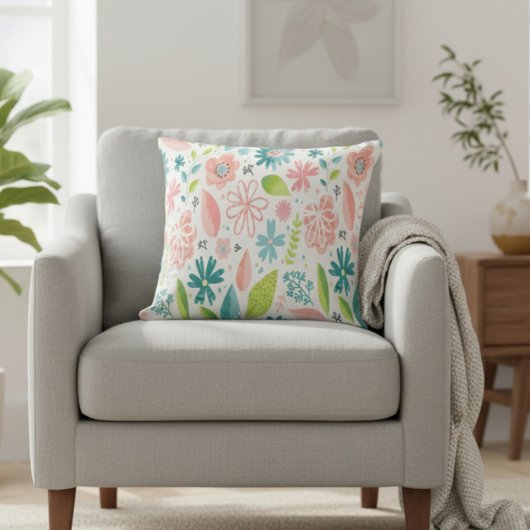 ティール(緑がかった色)とピンクフローラ角枕 クッション