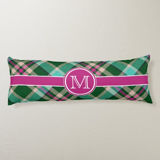 ティール（緑がかった色）とピンクプレイドパーソナライズされた ボディピロー (裏面)