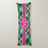 ティール（緑がかった色）とピンクプレイドパーソナライズされた ボディピロー (裏面 (縦))