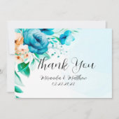 ティール(緑がかった色)とピーチウォーターカラー花模様サンキューカード 招待状 (正面)