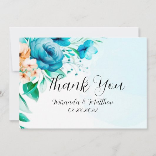 ティール（緑がかった色）とピーチウォーターカラー花模様サンキューカード 招待状 (正面)