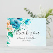 ティール（緑がかった色）とピーチウォーターカラー花模様サンキューカード 招待状 (スタンド正面)