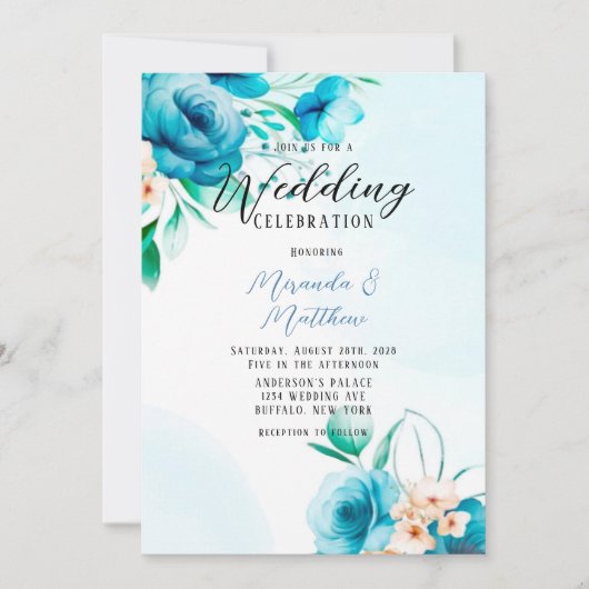 ティール（緑がかった色）とピーチウォーターカラー花模様結婚ズ 招待状 (正面)