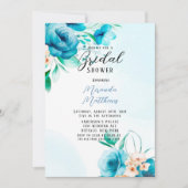 ティール(緑がかった色)とピーチウォーター色花模様ブライダルシャワー 招待状 (正面)
