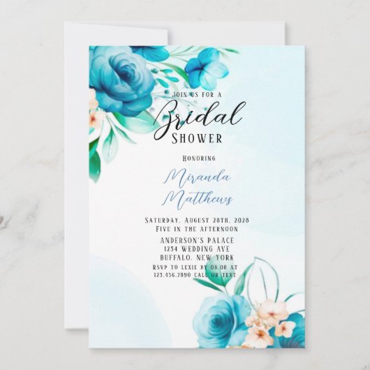 ティール（緑がかった色）とピーチウォーター色花模様ブライダルシャワー 招待状 (正面)