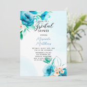 ティール（緑がかった色）とピーチウォーター色花模様ブライダルシャワー 招待状 (スタンド正面)