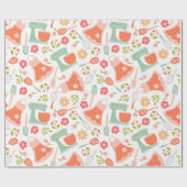 ティール(緑がかった色)とピーチヴィンテージキッチンパターン ラッピングペーパー (フラット)