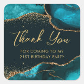 ティール（緑がかった色）とフェイク金ゴールドグリッターアゲート誕生日パーティー スクエアシール (正面)