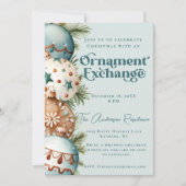 ティール（緑がかった色）とブラウンクリスマスオーナメント交換 招待状 (正面)