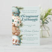 ティール（緑がかった色）とブラウンクリスマスオーナメント交換 招待状 (スタンド正面)