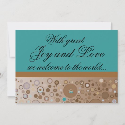 ティール（緑がかった色）とブラウンサークルスの少年誕生発表 招待状 (正面)