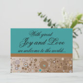 ティール（緑がかった色）とブラウンサークルスの少年誕生発表 招待状 (スタンド正面)