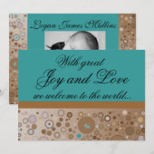 ティール（緑がかった色）とブラウンサークルスの少年誕生発表 招待状 (正面/裏面)