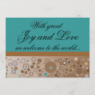 ティール（緑がかった色）とブラウンサークルスの少年誕生発表 招待状