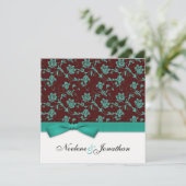 ティール（緑がかった色）とブラウンボウフラワー結婚式招待状 招待状 (スタンド正面)