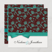 ティール（緑がかった色）とブラウンボウフラワー結婚式招待状 招待状 (正面/裏面)