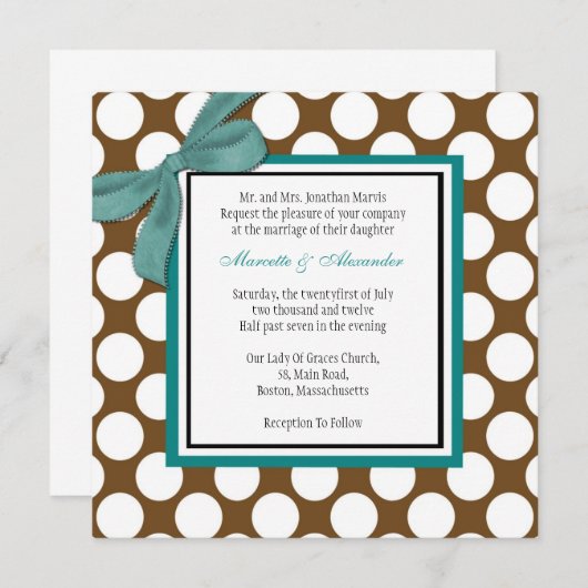 ティール(緑がかった色)とブラウン水玉模様結婚式招待状 招待状 (正面/裏面)