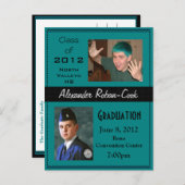 ティール（緑がかった色）とブラックの卒業招待状発表 インビテーションポストカード (正面/裏面)