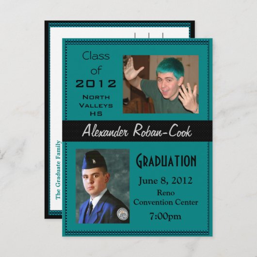 ティール（緑がかった色）とブラックの卒業招待状発表 インビテーションポストカード (正面/裏面)