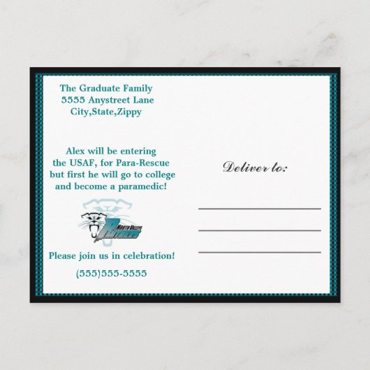 ティール（緑がかった色）とブラックの卒業招待状発表 インビテーションポストカード (裏面)