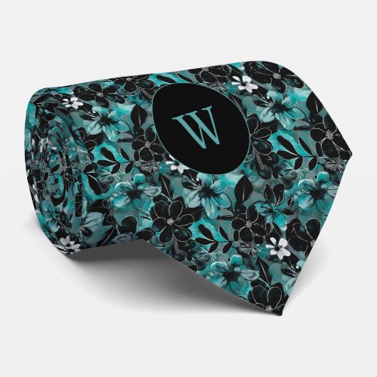 ティール（緑がかった色）とブラックウォーター色フローラモノグラム ネクタイ (ロール)