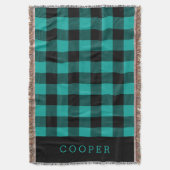 ティール(緑がかった色)とブラックバッファローチェックモノグラム スローブランケット (正面縦)