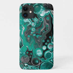 ティール(緑がかった色)とブラックバブルのデジタル流体アートセル iPhone 11 ケース