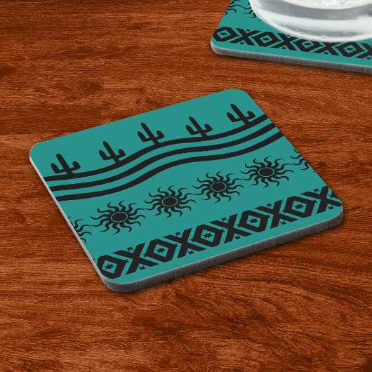 ティール（緑がかった色）とブラックパターン南西デザイン コースター