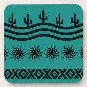 ティール（緑がかった色）とブラックパターン南西デザイン コースター (正面)