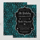 ティール（緑がかった色）とブラックヒョウのスポットグリッターフレーム誕生日 招待状 (正面/裏面)