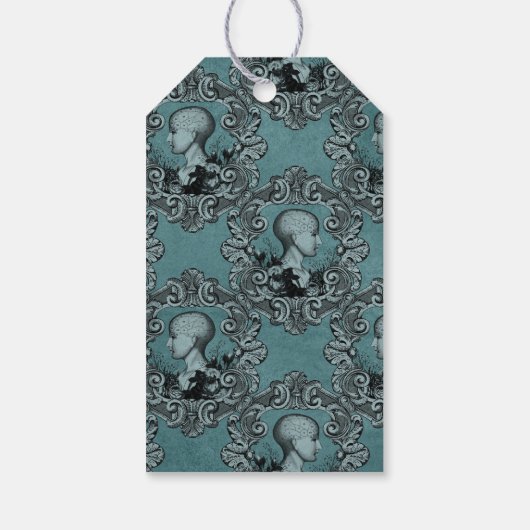 ティール（緑がかった色）とブラックファンシーゴシビクトリアンックスカル ギフトタグ (裏面)