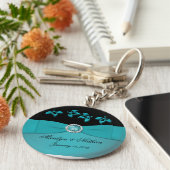 ティール(緑がかった色)とブラックフローラキーチェーン キーホルダー (側面)