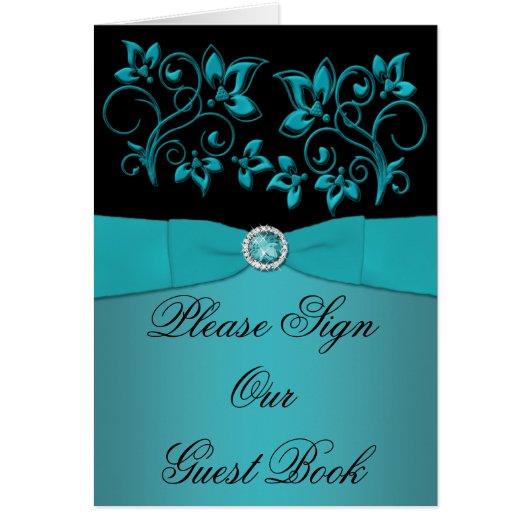 ティール（緑がかった色）とブラックフローラテーブルカード (正面)