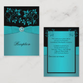 ティール(緑がかった色)とブラックフローラ披露宴カード エンクロージャーカード (正面/裏面)