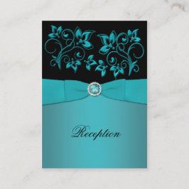 ティール(緑がかった色)とブラックフローラ披露宴カード エンクロージャーカード