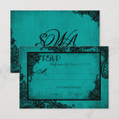 ティール（緑がかった色）とブラックレースゴシックRSVPカード 出欠カード (正面/裏面)