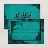 ティール（緑がかった色）とブラックレースゴシックRSVPカード 出欠カード (正面/裏面)