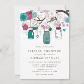 ティール(緑がかった色)とブルガンつるディのメイスン・結婚ジャース 招待状 (正面)