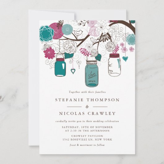 ティール（緑がかった色）とブルガンつるディのメイスン・結婚ジャース 招待状 (正面)