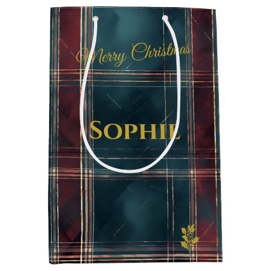 ティール（緑がかった色）とブルガンディプレイドクリスマスホリデーカスタム ミディアムペーパーバッグ (正面)