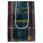 ティール（緑がかった色）とブルガンディプレイドクリスマスホリデーカスタム ミディアムペーパーバッグ (裏面)