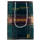 ティール(緑がかった色)とブルゴーニュの格子模様のクリスマスパーソナライズされた ミディアムペーパーバッグ (裏面)