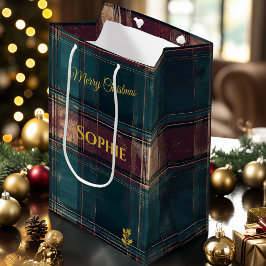 ティール(緑がかった色)とブルゴーニュの格子模様のクリスマスパーソナライズされた ミディアムペーパーバッグ