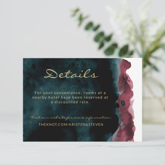 ティール(緑がかった色)とブルゴーニュの結婚詳細エンクロージャカード エンクロージャーカード (スタンド正面)